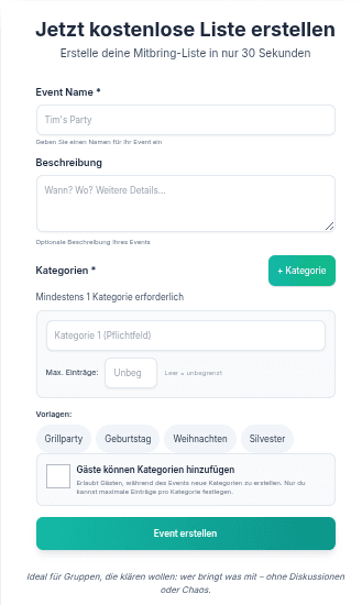 Bringly Event-Erstellungsformular – in 30 Sekunden zur Mitbring-Liste