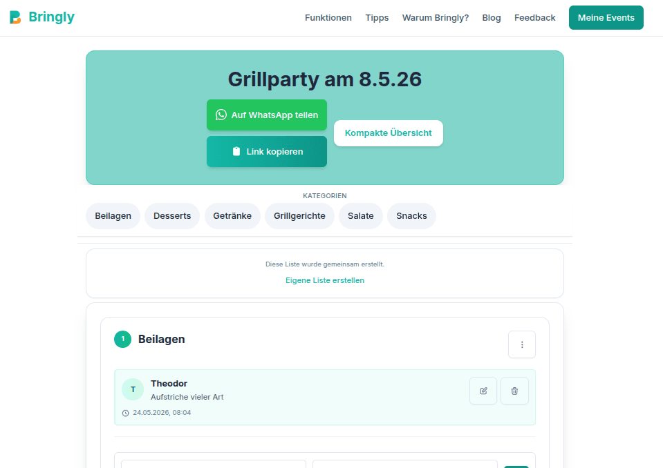 Bringly Event-Liste auf dem Desktop – Beispiel für eine Grillparty