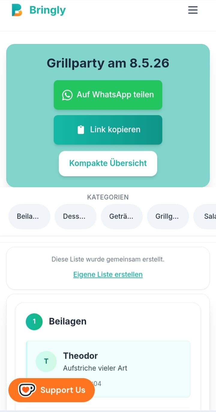 Bringly Event-Ansicht auf dem Smartphone – Kategorien und Beiträge